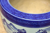 山間の川沿いの風景画を描いて落ち着いた雰囲気ある陶器製丸火鉢 DC7730