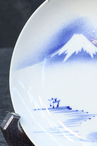 富士山と帆船が浮かぶ水辺の風景を描いた染付中皿 DC8267 在庫4枚