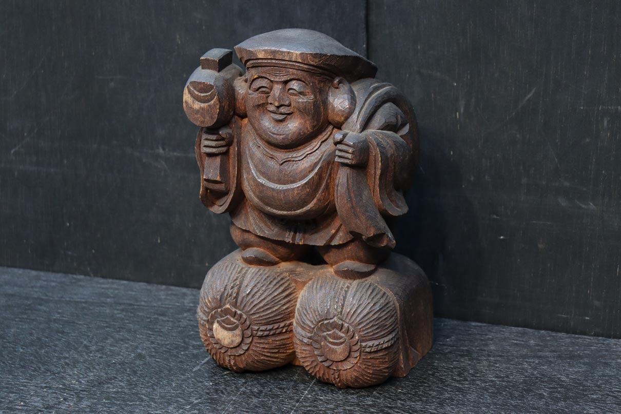 無垢　大黒様？　木彫り 極上品 切金 三面大黒天 精密彫刻 木彫仏像 置物 彫刻 大波彫刻 通販