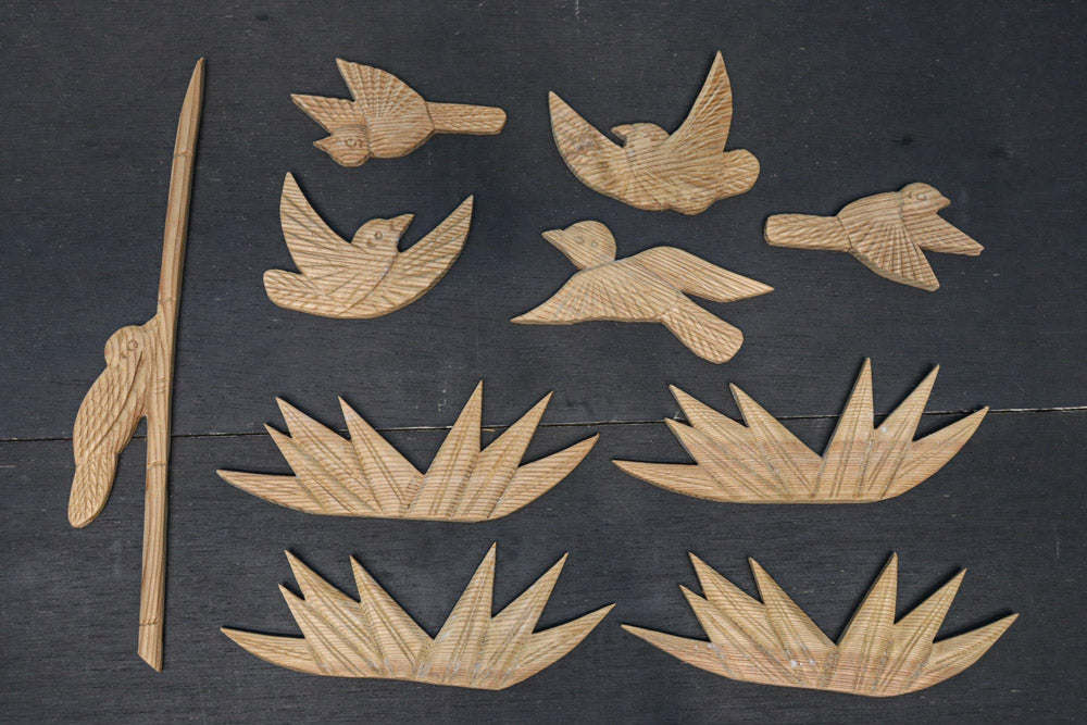 鳥と笹の葉のレリーフ彫刻10個セット DC8891d 在庫1組 – 古福庵