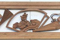 扇枠に椿と蓮と菊が描かれた華やかな彫刻欄間 E9959a 在庫1枚