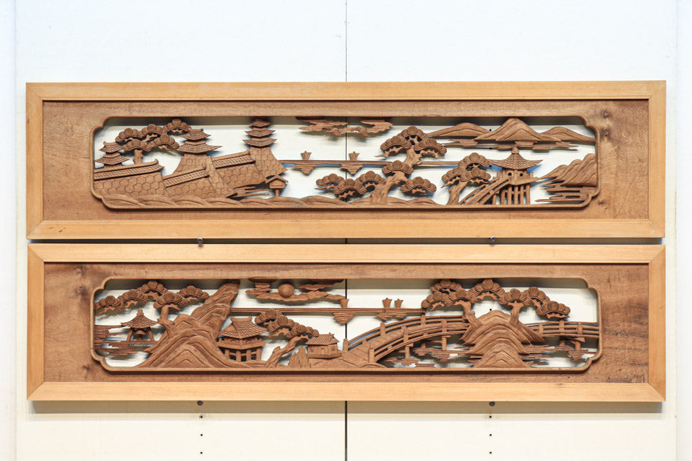 彫り鰐 感慨深い情景を細やかに表現した深彫り彫刻欄間 EZ1851ab 在庫(a:1 b:1