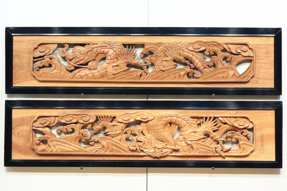 躍動感溢れる龍を描いた欅彫刻欄間 EZ1873ab 在庫(a:1 b:1)枚 – 古福庵 