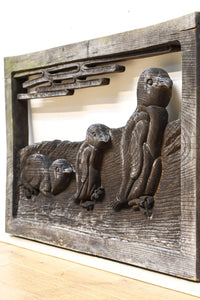 大珍品‼︎ペンギン親子を描いた温かみのある彫刻小型欄間 EZ2368 在庫1枚