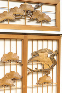 鋭い眼光の鷹が威厳を放つ木地色の欄間・書院セット EZ2397 在庫3枚一組
