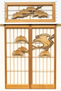 鋭い眼光の鷹が威厳を放つ木地色の欄間・書院セット EZ2397 在庫3枚一組