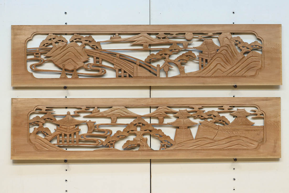 風景を丁寧に描いた彫刻欄間素材 EZ2551ab 在庫(a:1 b:1)枚 – 古福庵