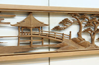 穏やかな風景を描いた木地色の彫刻欄間 EZ2563 在庫1枚