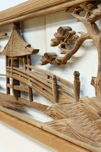 穏やかな風景を描いた木地色の彫刻欄間 EZ2563 在庫1枚