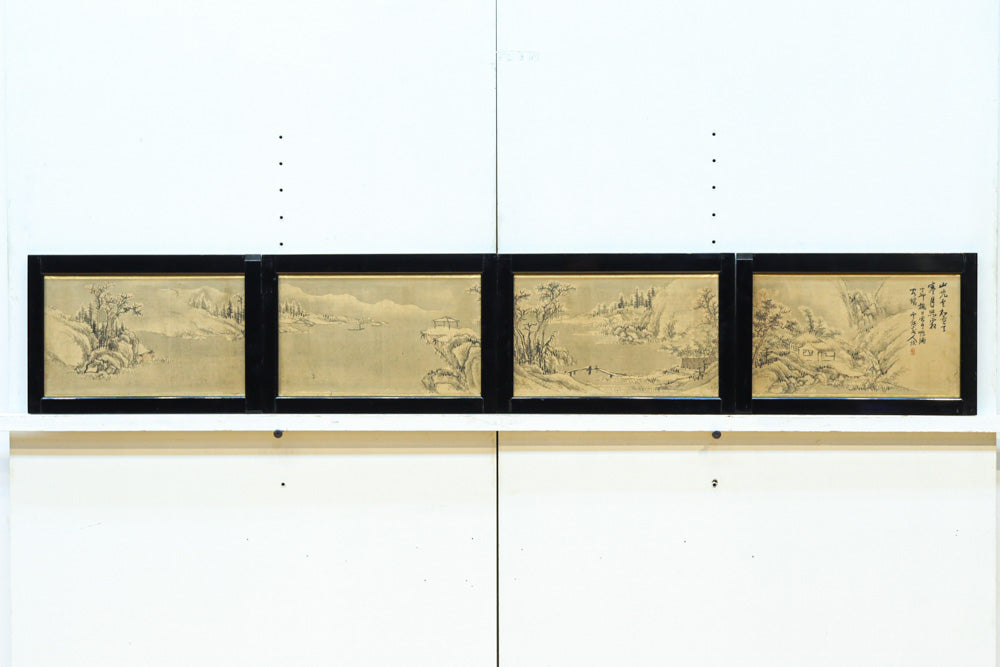 山間の湖畔周辺の風景を描いた小型襖絵建具 EZ2597 在庫4枚1組