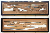 鴈(ガン)が戯れたり飛び立っていく姿を描いた仄々とした彫刻欄間 EZ2838ab 在庫2枚一組