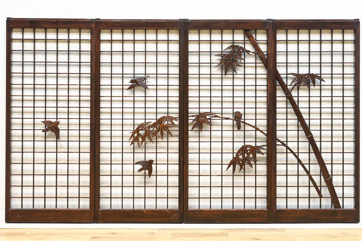 掛軸 陶磁画 応接間 玄関 茶室 書斎 装飾品 工芸品 置物 雀 鶉 梅 竹 竹雀装飾を施した落ち着いた眺めの書院セット EZ2865 在庫4枚一組 – 古