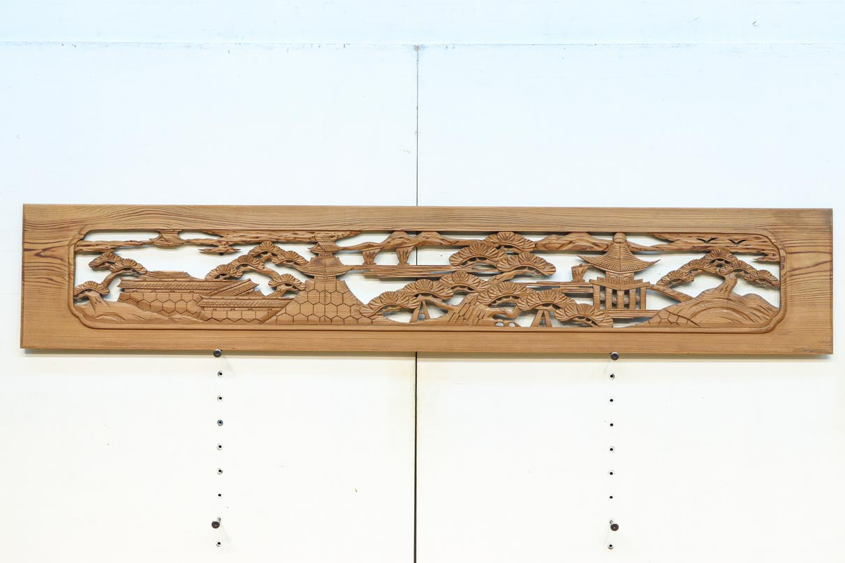 お城と東屋の清閑な風景を描いた彫刻欄間素材 EZ2880 在庫1枚 – 古福庵