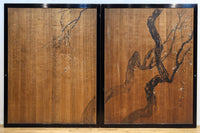 梅と竹の水墨画で和の風情溢れる板絵戸セット F8431 在庫2枚1組