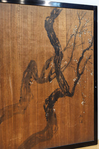 梅と竹の水墨画で和の風情溢れる板絵戸セット F8431 在庫2枚1組