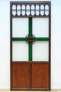 幅817ミリ グリーンカラーの大きな十字枠が目を引くガラス戸 F8523 在庫1枚