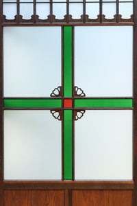 幅817ミリ グリーンカラーの大きな十字枠が目を引くガラス戸 F8523 在庫1枚