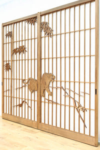 幅878ミリ 竹林の虎と龍を描いた迫力ある眺めの障子戸セット F8590 在庫4枚1組