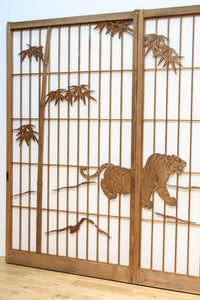 幅878ミリ 竹林の虎と龍を描いた迫力ある眺めの障子戸セット F8590 在庫4枚1組