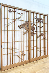 幅878ミリ 竹林の虎と龍を描いた迫力ある眺めの障子戸セット F8590 在庫4枚1組