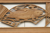 扇と鯉が艶やかな木地色の彫刻欄間 E8867ab 在庫(a:売約済 b:1)枚