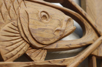 扇と鯉が艶やかな木地色の彫刻欄間 E8867ab 在庫(a:売約済 b:1)枚