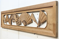 扇と鯉が艶やかな木地色の彫刻欄間 E8867ab 在庫(a:売約済 b:1)枚