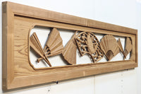 扇と鯉が艶やかな木地色の彫刻欄間 E8867ab 在庫(a:売約済 b:1)枚