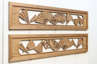 扇と鯉が艶やかな木地色の彫刻欄間 E8867ab 在庫(a:売約済 b:1)枚