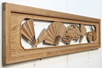 扇と鯉が艶やかな木地色の彫刻欄間 E8867ab 在庫(a:売約済 b:1)枚
