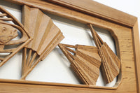 扇と鯉が艶やかな木地色の彫刻欄間 E8867ab 在庫(a:売約済 b:1)枚