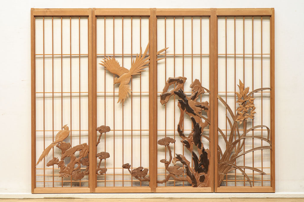 井波彫刻‼ 大きな鳥が舞う木地色の極上書院セット EZ1085 在庫4枚1組 – 古福庵 KOFUKUAN オンラインストア