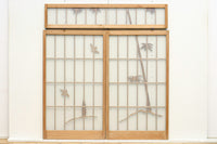 竹雀を描いた風流なスリガラス入り欄間・書院セット EZ1228 在庫3枚1組