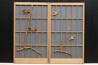 竹雀を描いた風流なスリガラス入り欄間・書院セット EZ1228 在庫3枚1組