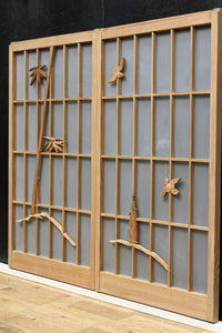 竹雀を描いた風流なスリガラス入り欄間・書院セット EZ1228 在庫3枚1組