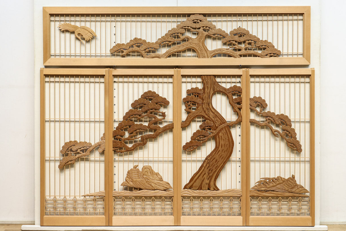 巨木の松と鶴亀の絵柄で風情のある欄間・書院セット EZ1273 在庫5枚1組