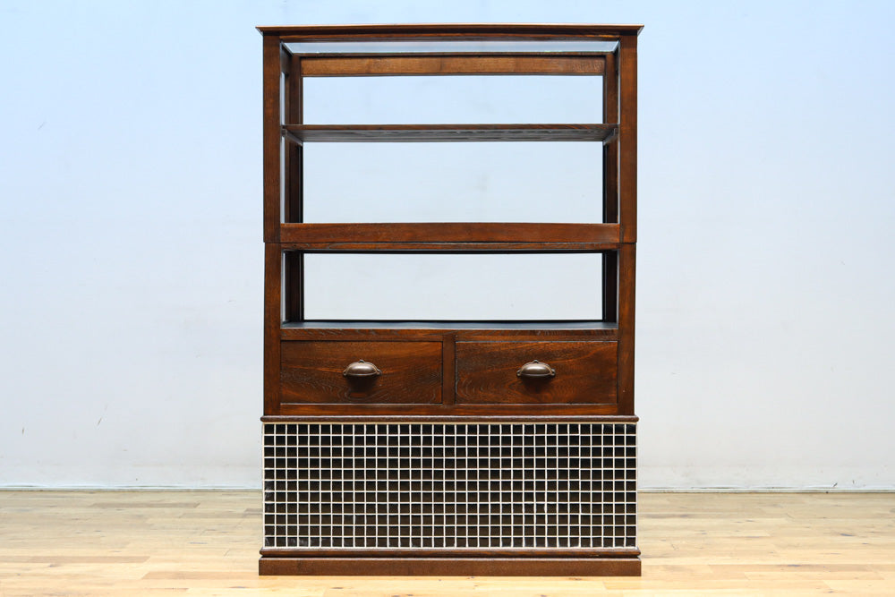 昭和レトロ!! タイルの細工がお洒落なオークガラスケース　BB3237