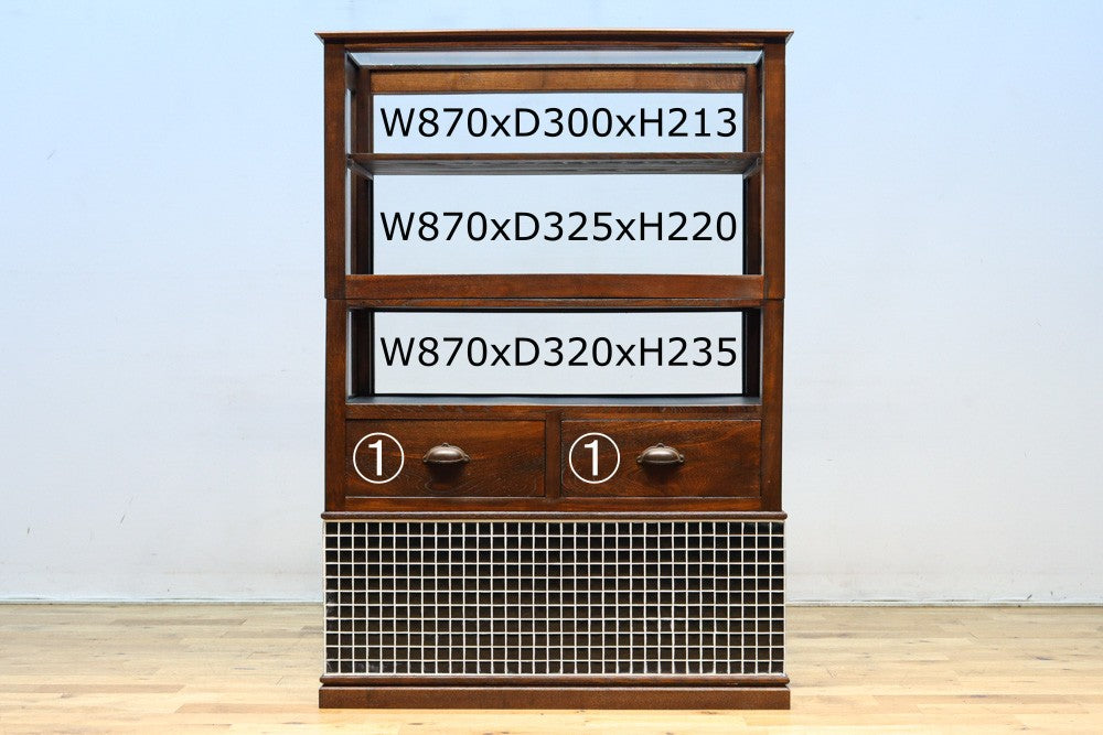 昭和レトロ!! タイルの細工がお洒落なオークガラスケース　BB3237