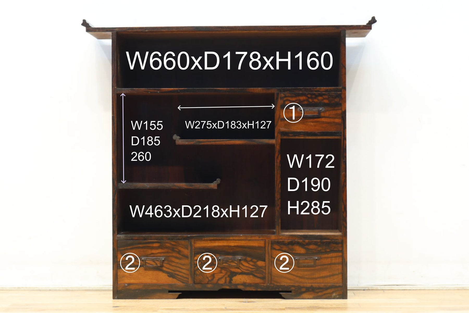 極上の黒柿杢目の上品な面持ちある飾り棚　BB3331