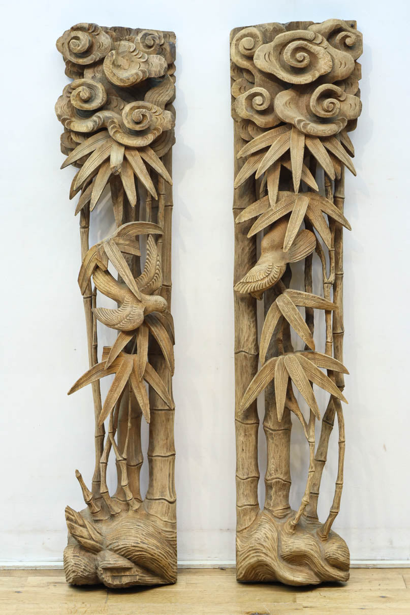 珍品‼ 竹林で雀が戯れる様子を描いた縦使いの彫刻飾り DC7633ab 在庫2