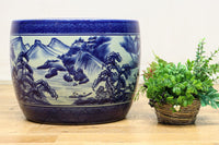 山間の川沿いの風景画を描いて落ち着いた雰囲気ある陶器製丸火鉢　DC7730