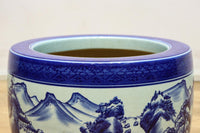 山間の川沿いの風景画を描いて落ち着いた雰囲気ある陶器製丸火鉢　DC7730