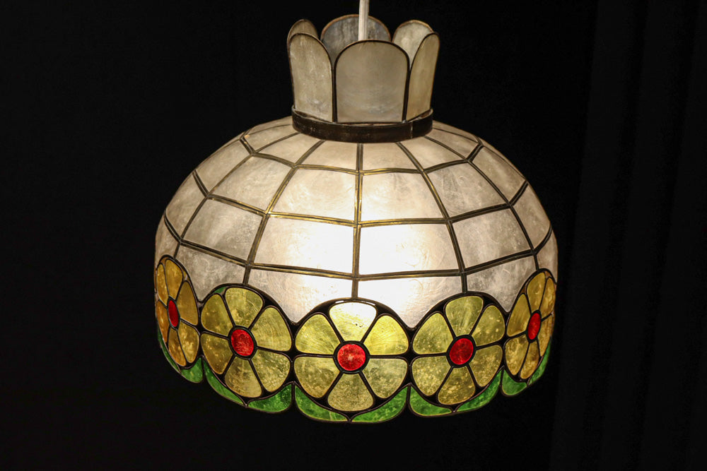 可愛らしい丸い花柄模様が並ぶレトロなステンドグラス電笠　DC8142