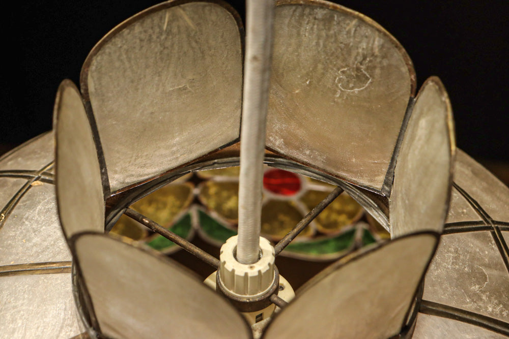 可愛らしい丸い花柄模様が並ぶレトロなステンドグラス電笠　DC8142