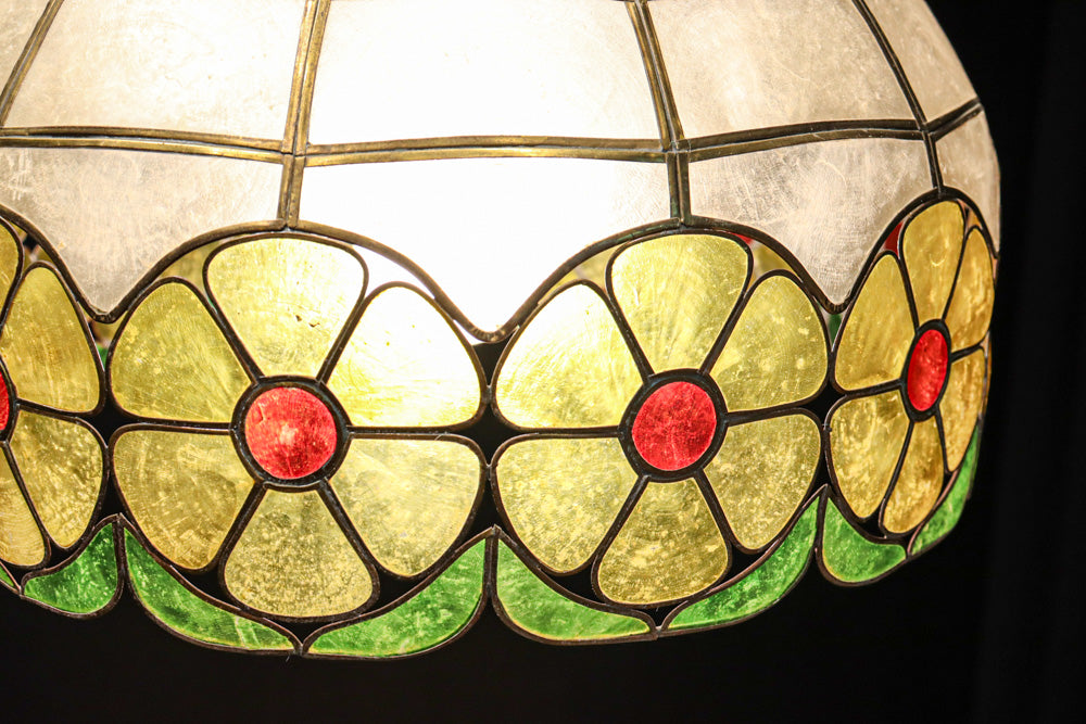 可愛らしい丸い花柄模様が並ぶレトロなステンドグラス電笠　DC8142