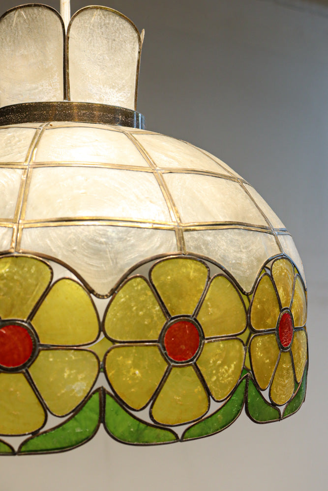 可愛らしい丸い花柄模様が並ぶレトロなステンドグラス電笠　DC8142