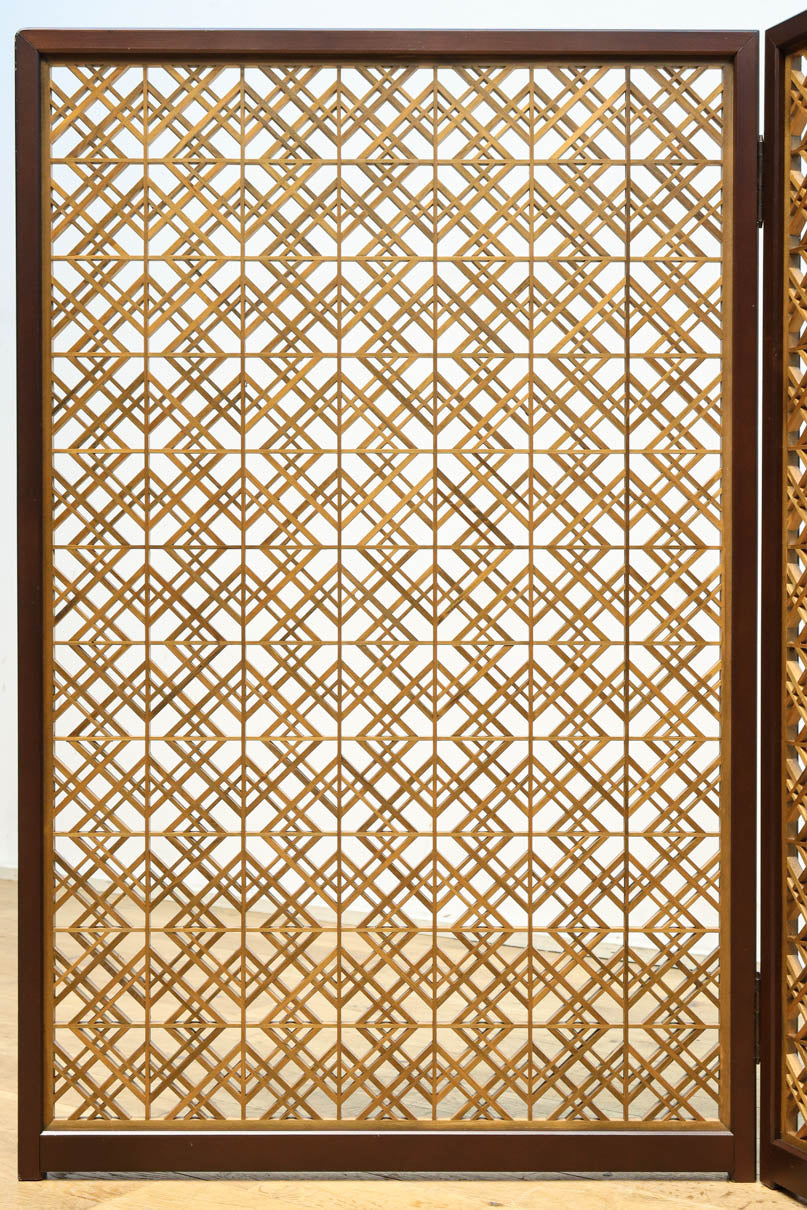木枠内に幾何学模様をびっしり組み凛とした眺めの2つ折り衝立　DC8231