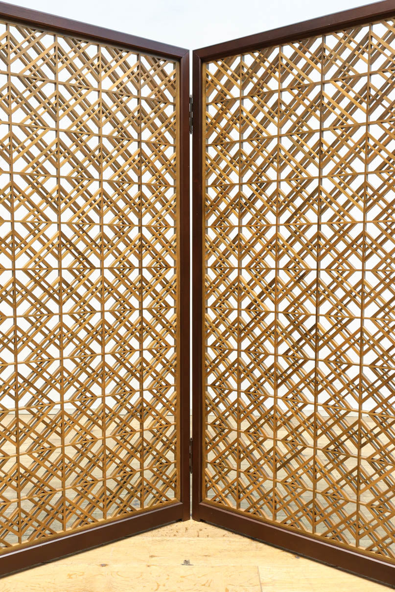 木枠内に幾何学模様をびっしり組み凛とした眺めの2つ折り衝立　DC8231