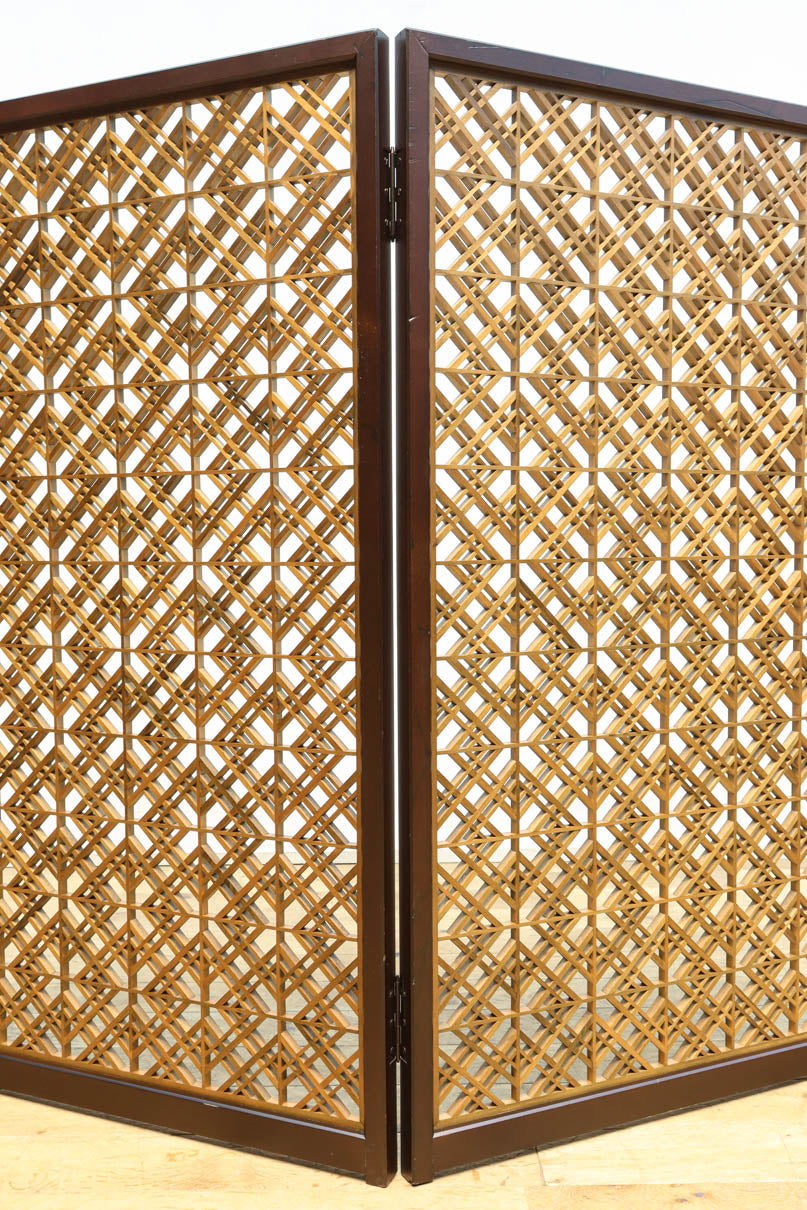 木枠内に幾何学模様をびっしり組み凛とした眺めの2つ折り衝立　DC8231