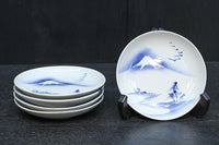 富士山と帆船が浮かぶ水辺の風景を描いた染付中皿　DC8267　在庫4枚